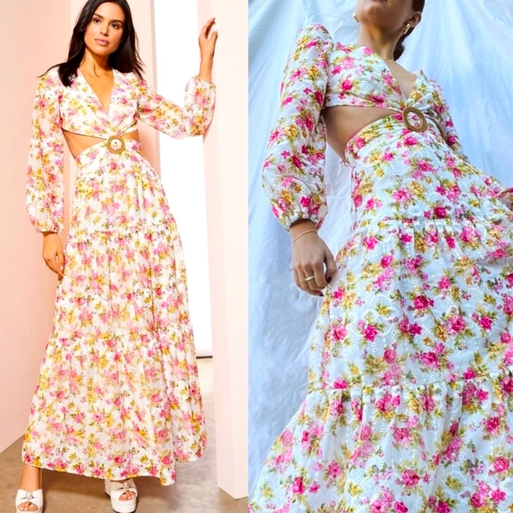 Gianni Bini Lillian Floral print Long Sleeve Deep V-Neck Cut-Out Tiered Dress